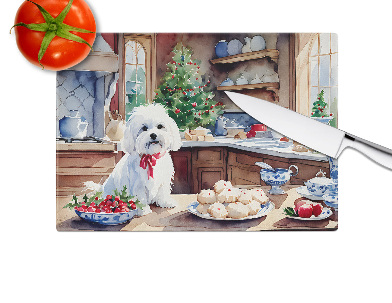 Maltese Christmas Cookies Glass Cutting Board