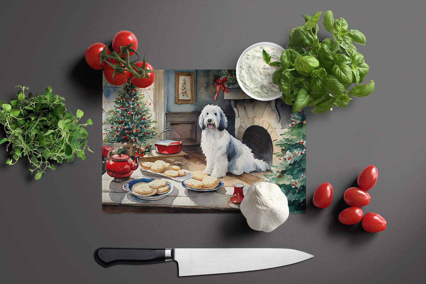 Old English Sheepdog Christmas Cookies Glass Cutting Board