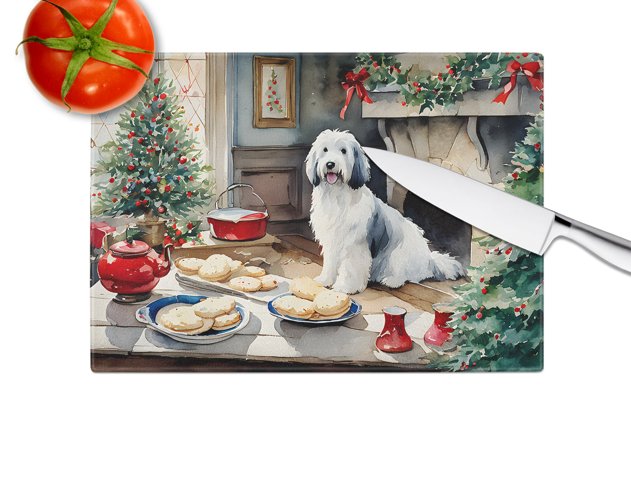 Old English Sheepdog Christmas Cookies Glass Cutting Board