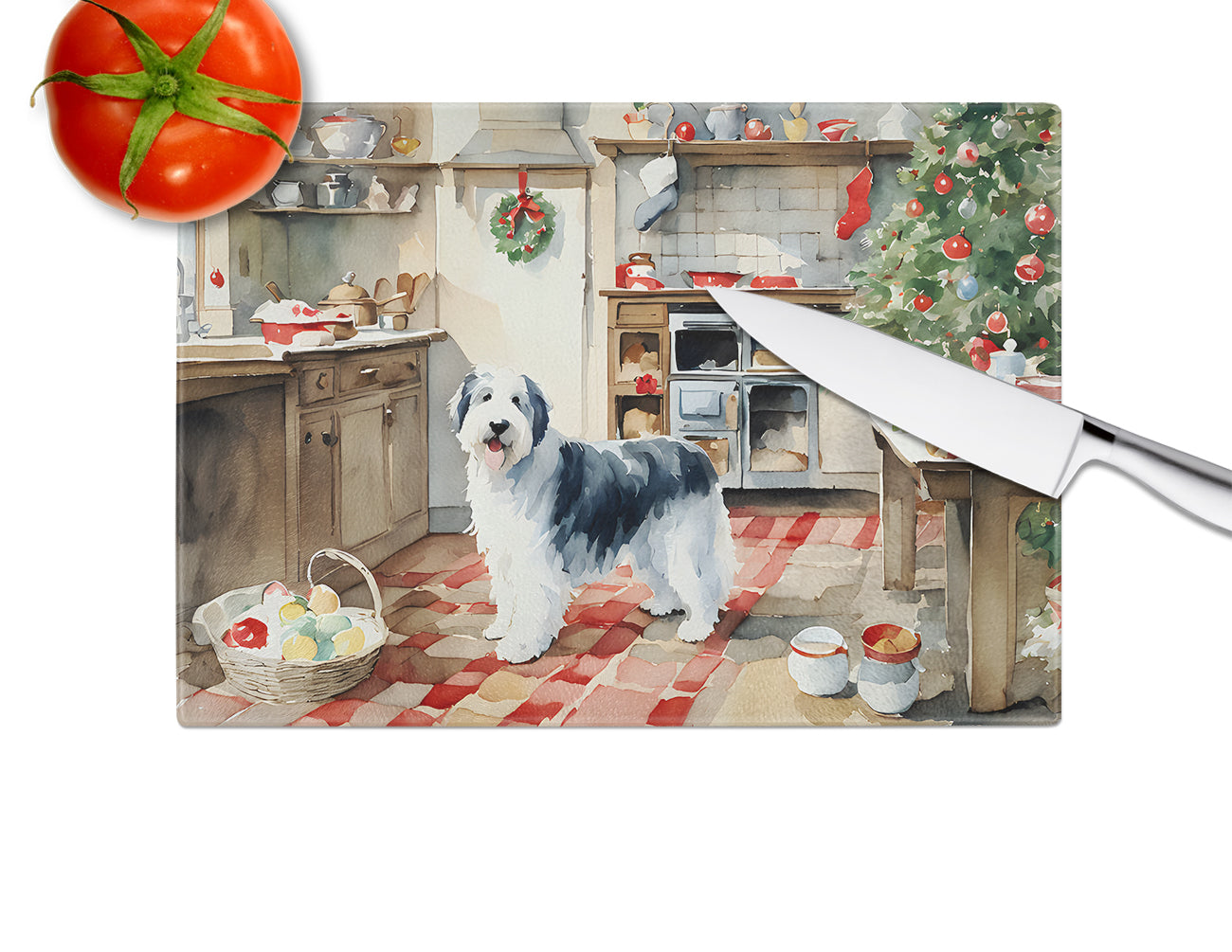 Old English Sheepdog Christmas Cookies Glass Cutting Board