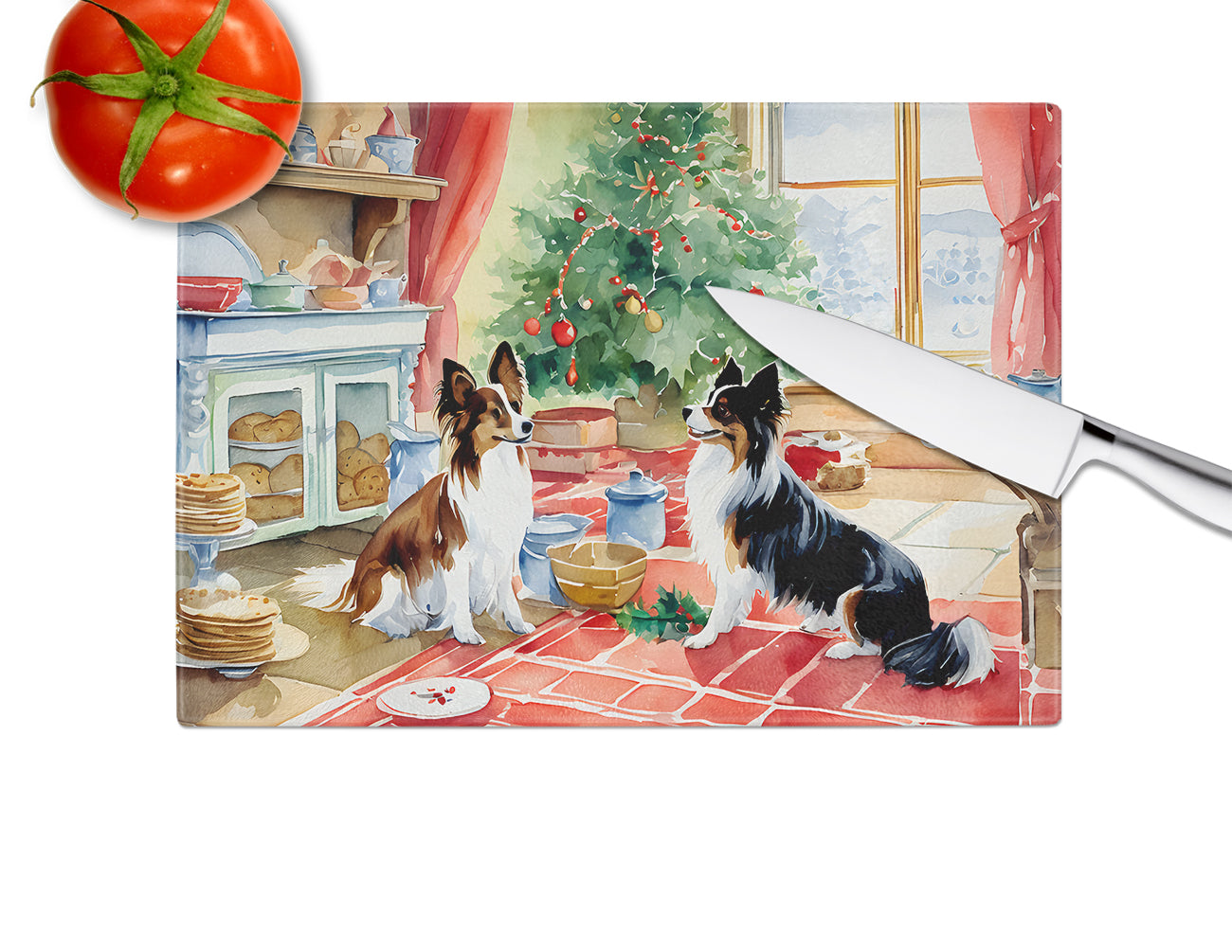 Papillon Christmas Cookies Glass Cutting Board