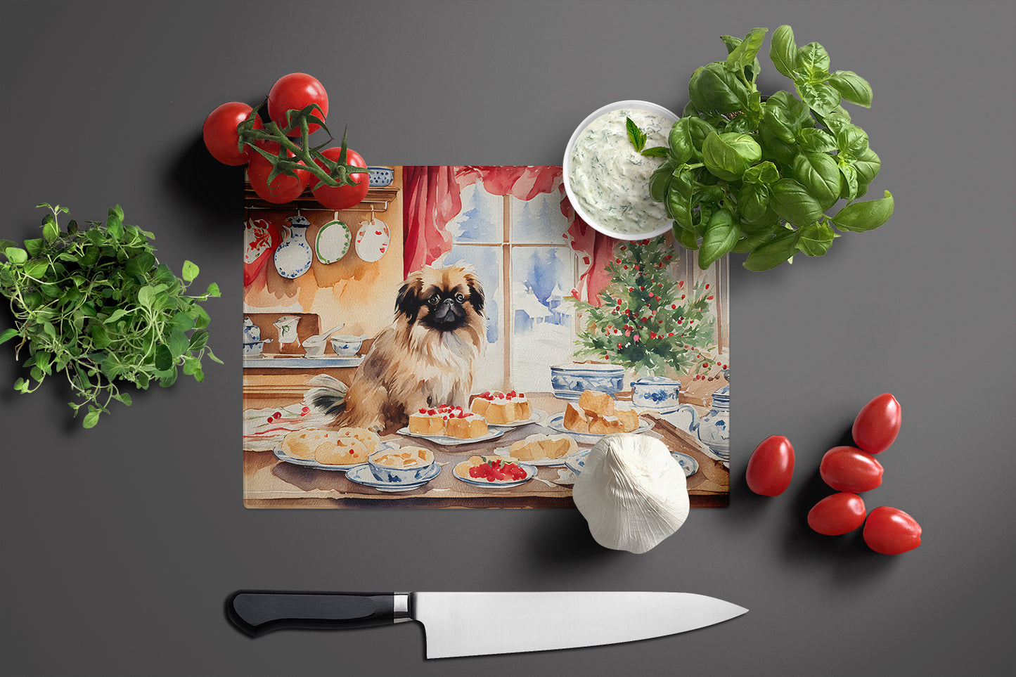 Pekingese Christmas Cookies Glass Cutting Board