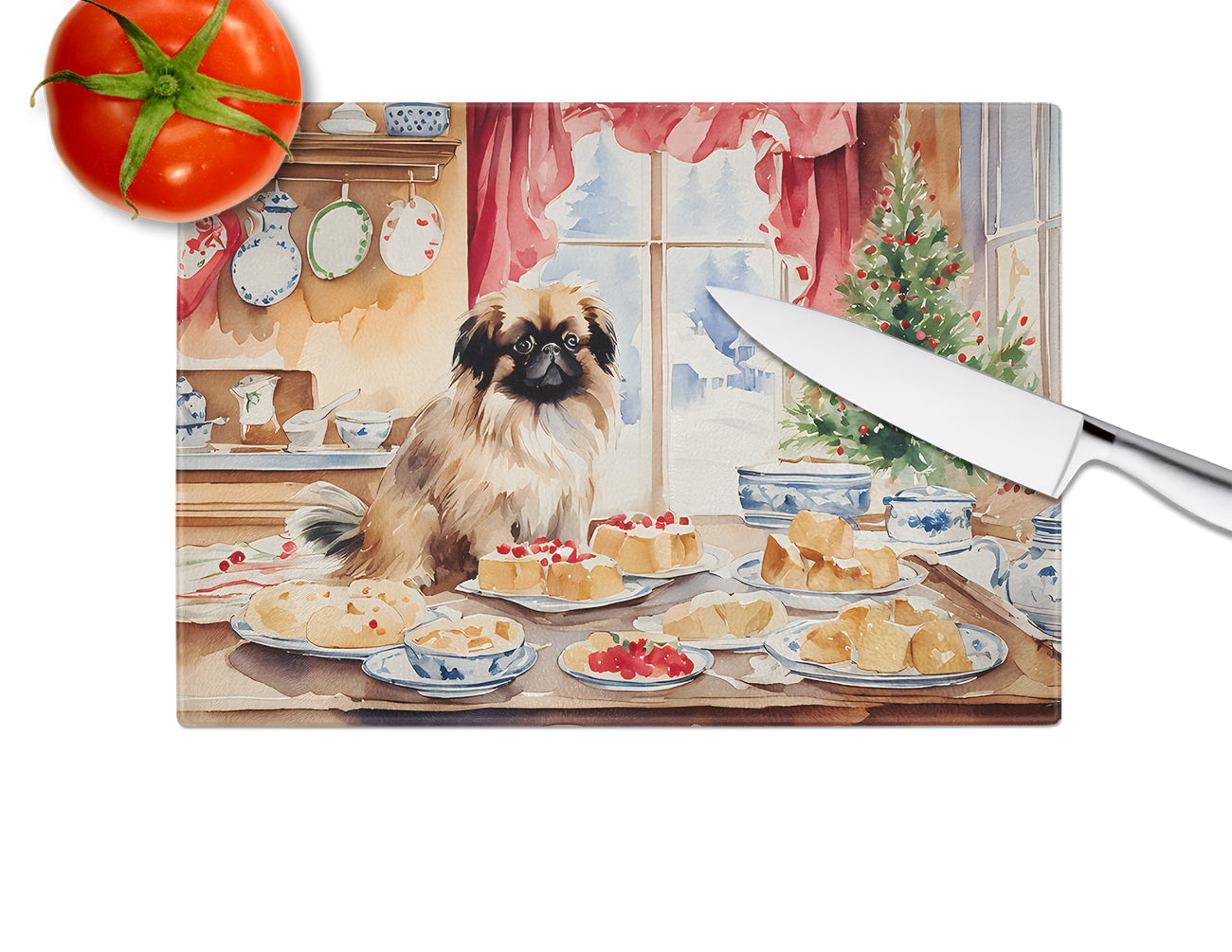 Pekingese Christmas Cookies Glass Cutting Board