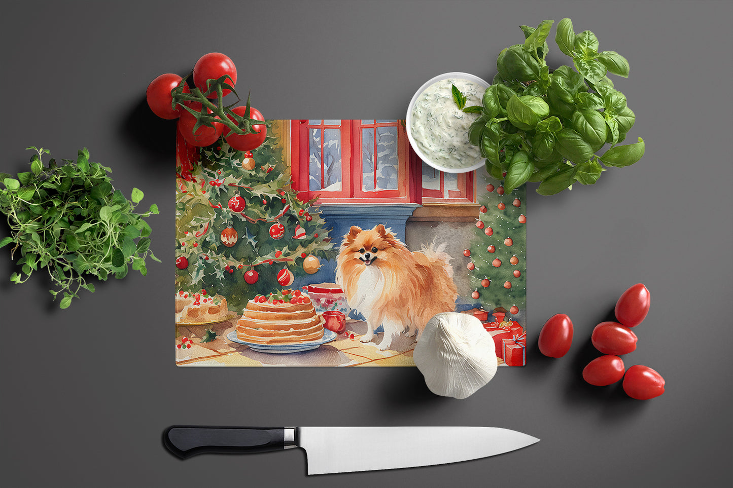 Pomeranian Christmas Cookies Glass Cutting Board