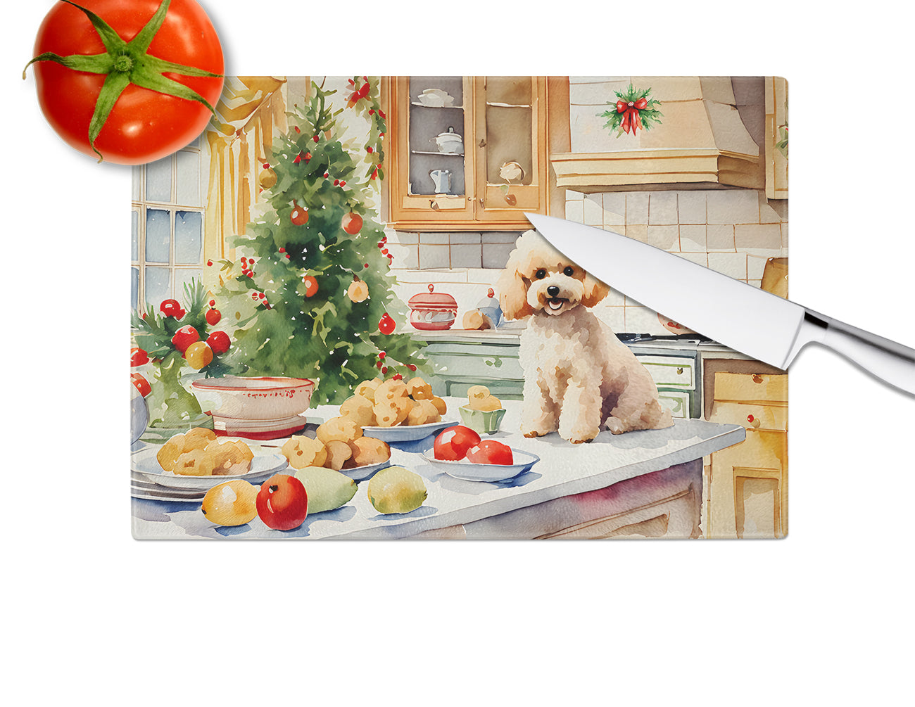 Poodle Christmas Cookies Glass Cutting Board