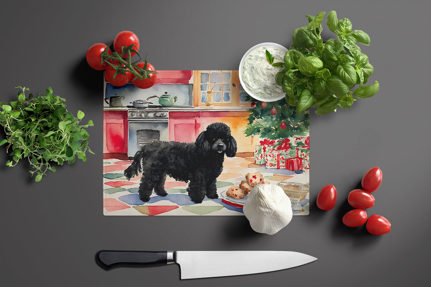 Poodle Christmas Cookies Glass Cutting Board