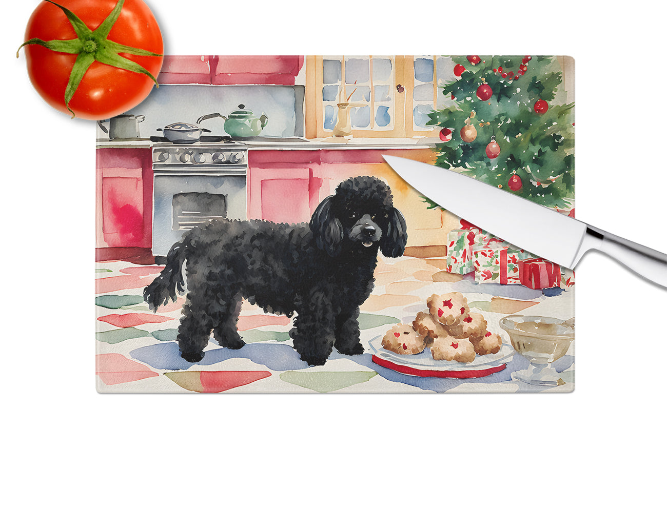 Poodle Christmas Cookies Glass Cutting Board