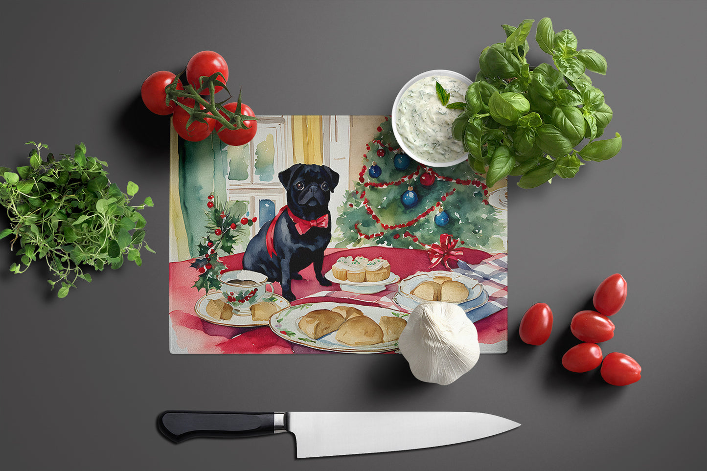 Pug Christmas Cookies Glass Cutting Board