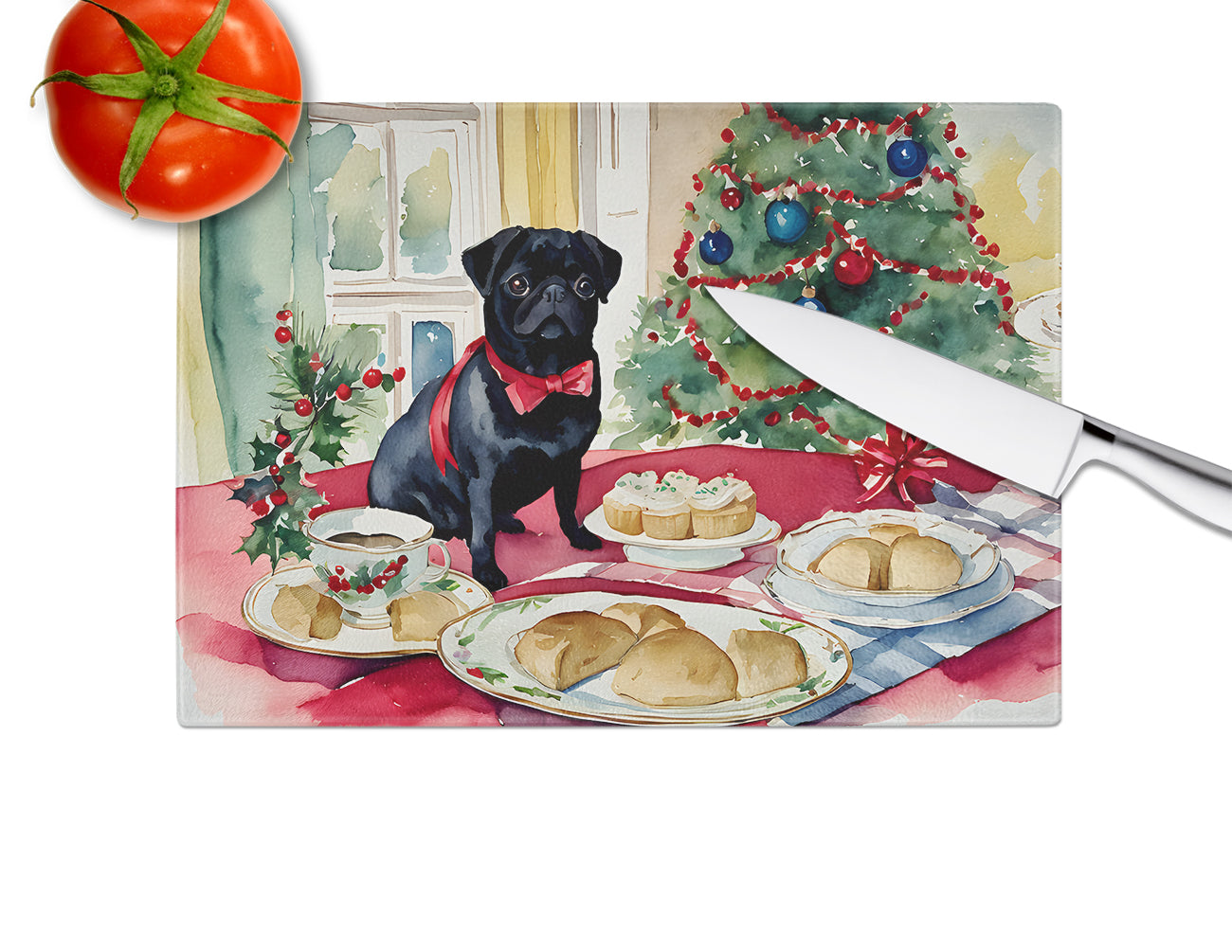 Pug Christmas Cookies Glass Cutting Board