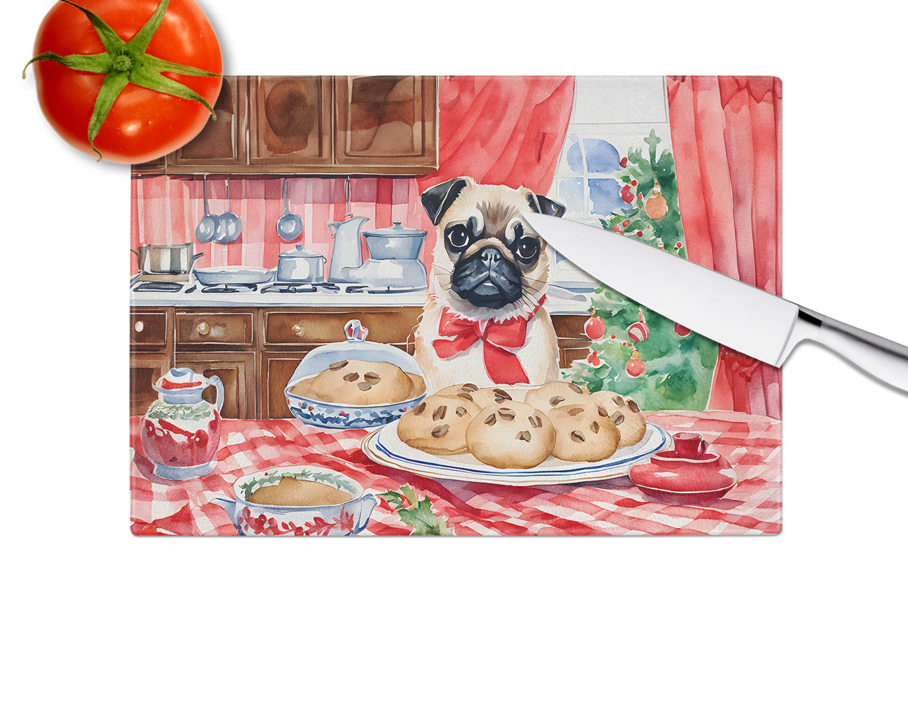 Pug Christmas Cookies Glass Cutting Board