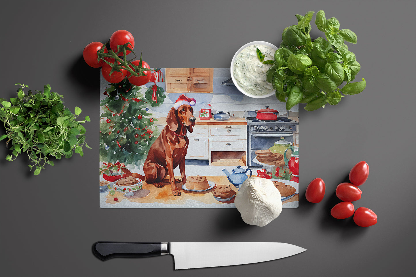 Redbone Coonhound Christmas Cookies Glass Cutting Board