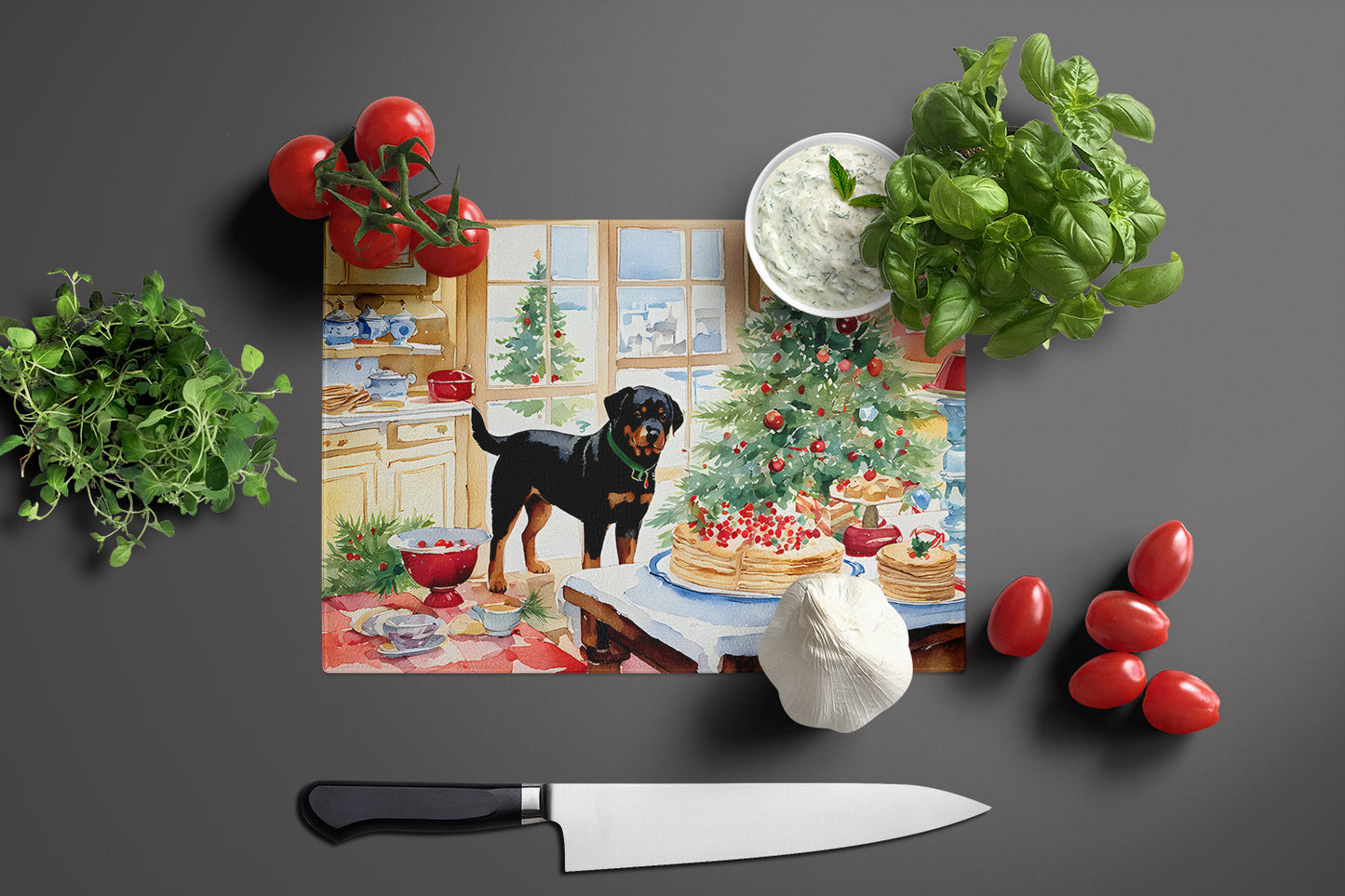 Rottweiler Christmas Cookies Glass Cutting Board