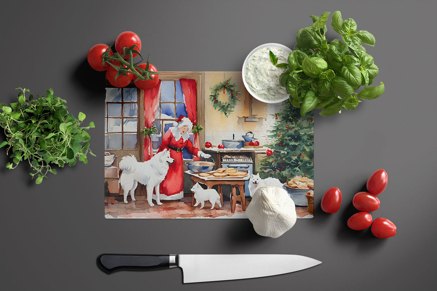 Samoyed Christmas Cookies Glass Cutting Board