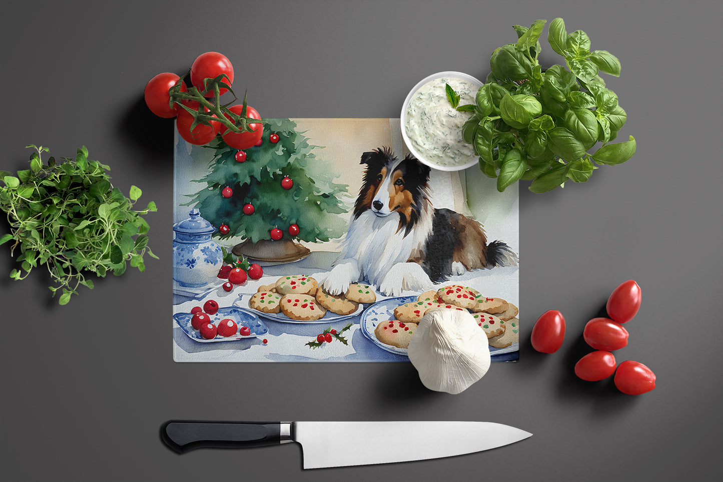 Sheltie Christmas Cookies Glass Cutting Board