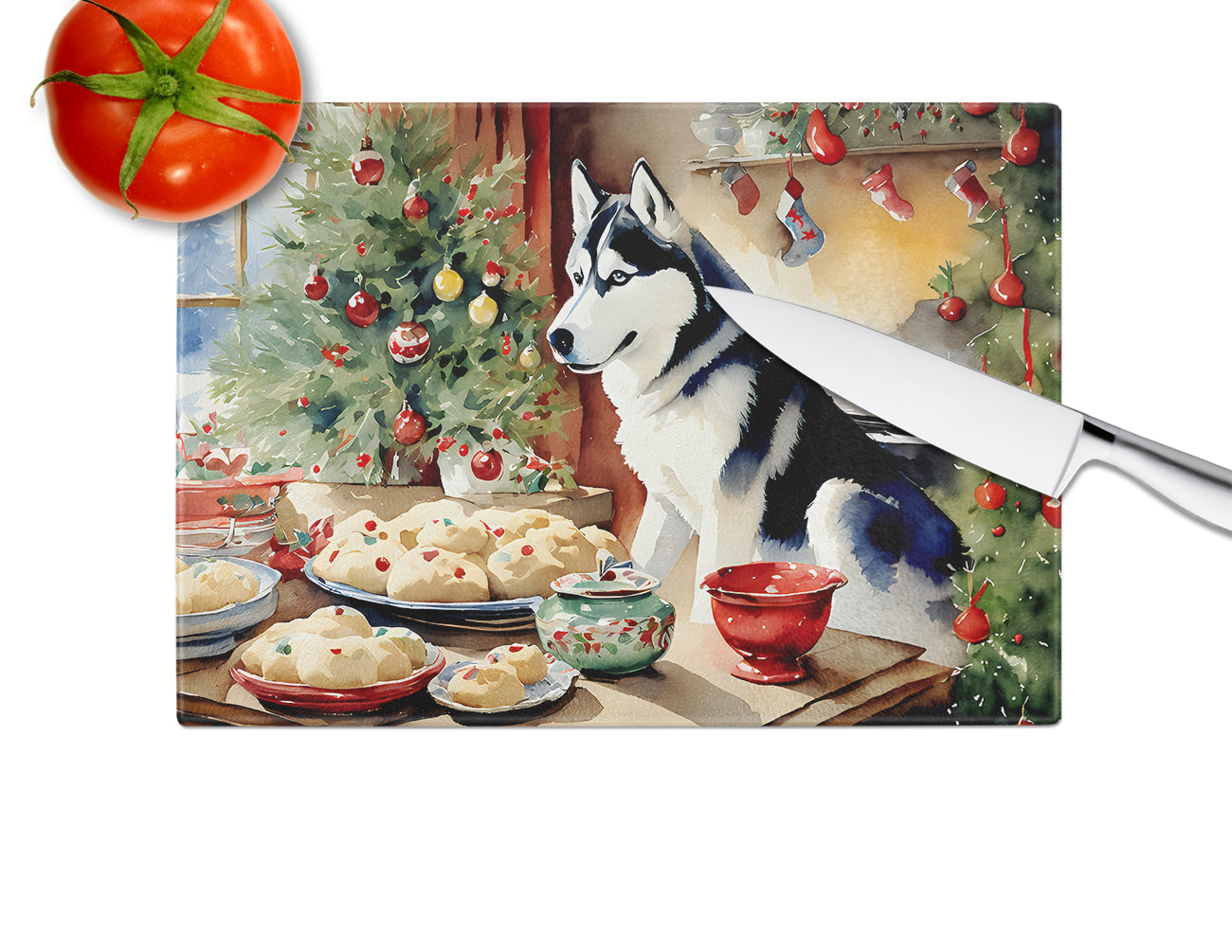 Siberian Husky Christmas Cookies Glass Cutting Board