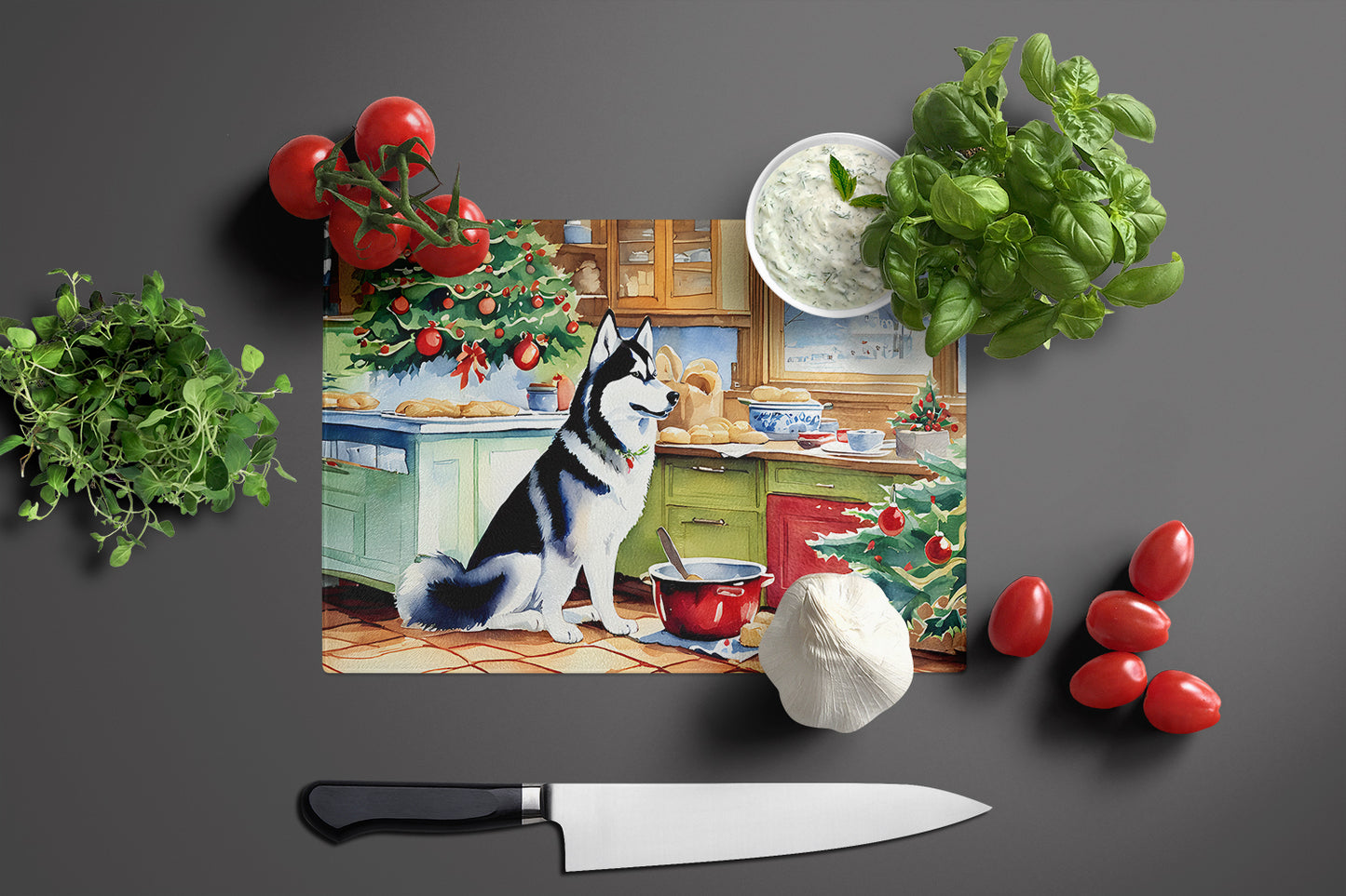 Siberian Husky Christmas Cookies Glass Cutting Board