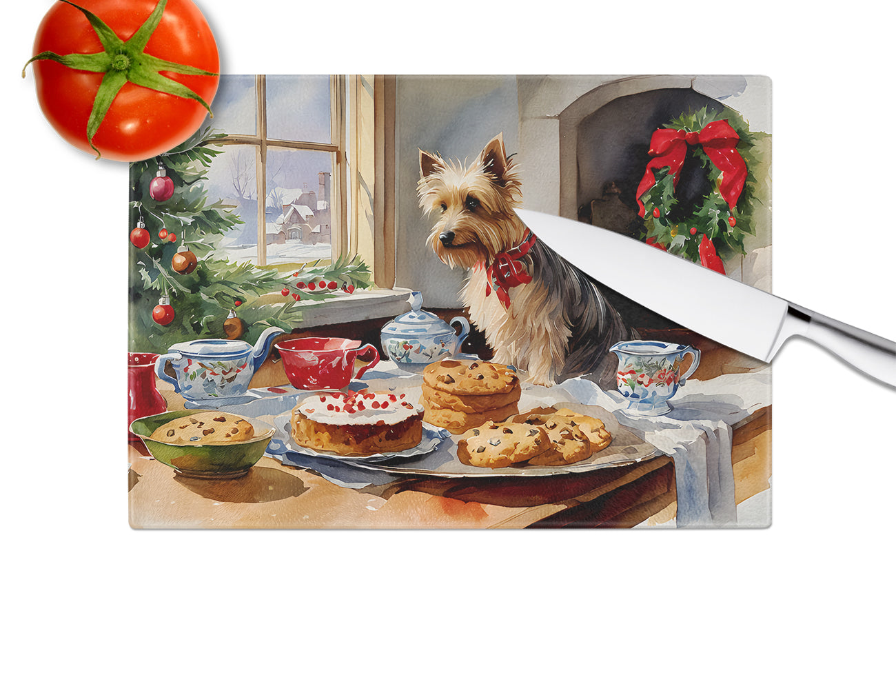 Silky Terrier Christmas Cookies Glass Cutting Board