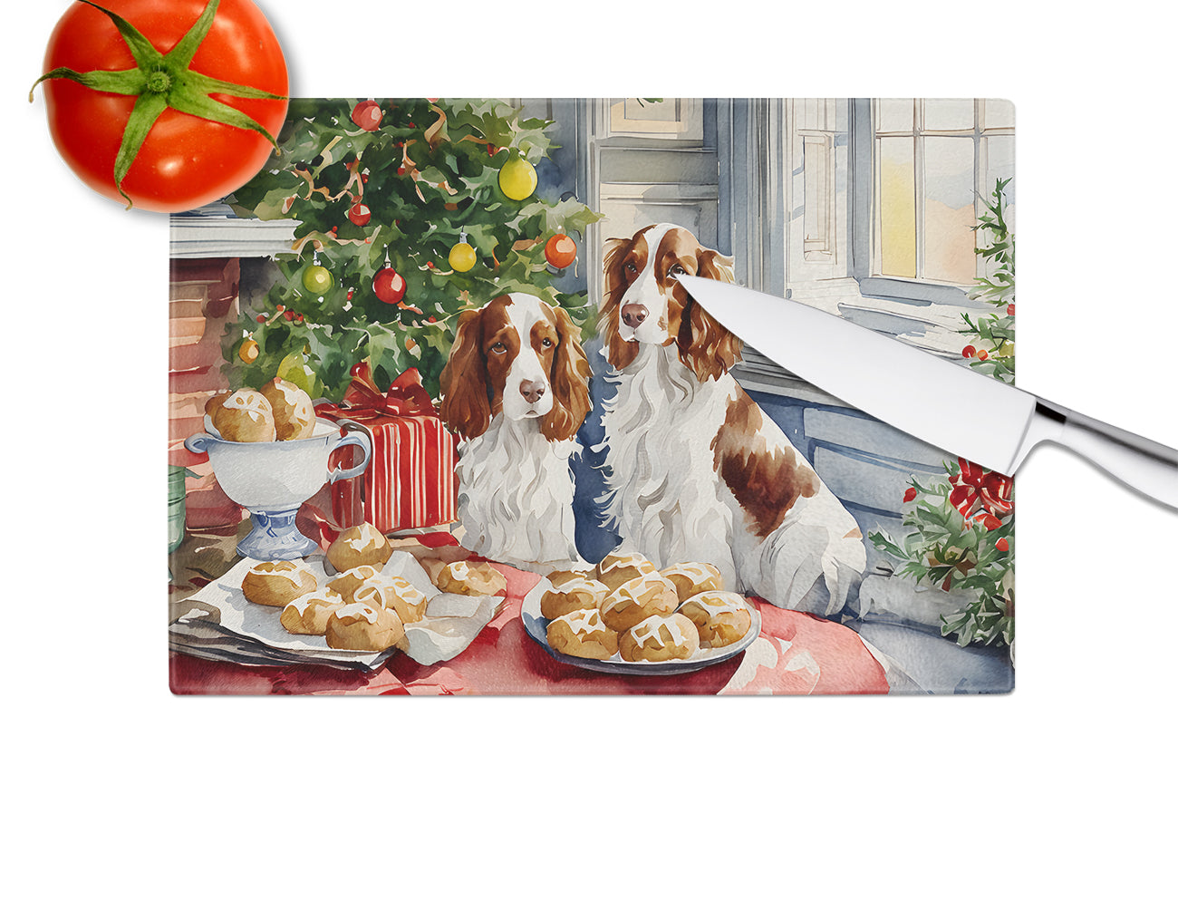 Welsh Springer Spaniel Christmas Cookies Glass Cutting Board