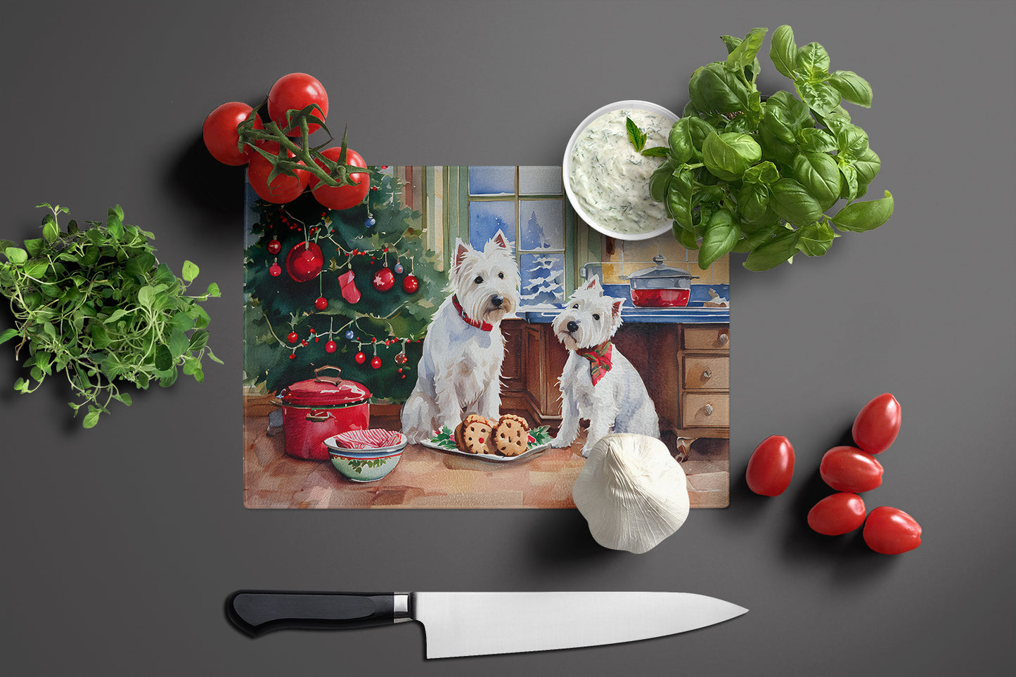 Westie Christmas Cookies Glass Cutting Board