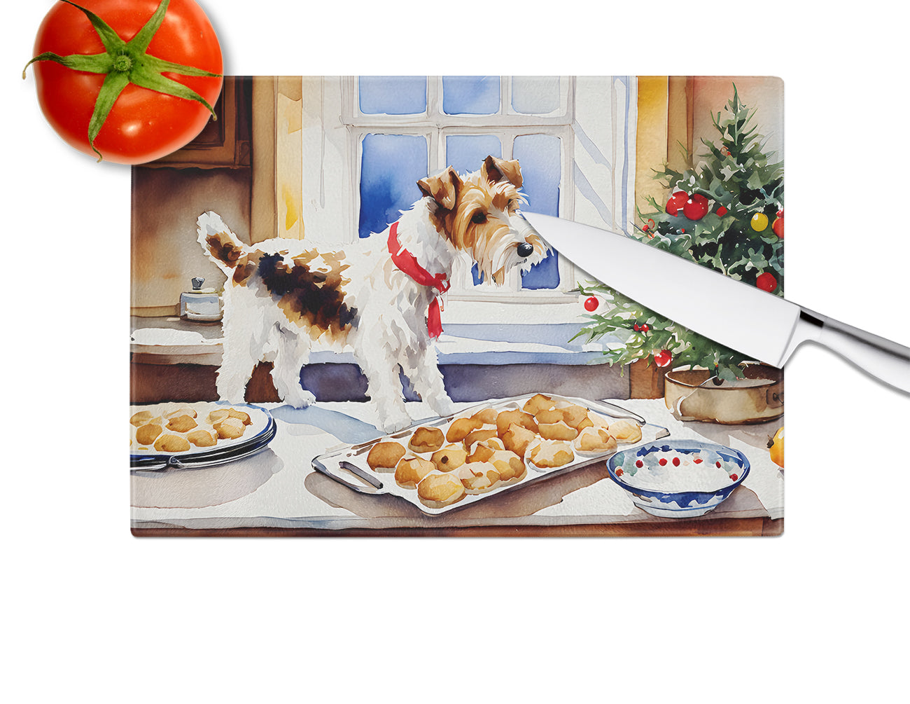 Wire Fox Terrier Christmas Cookies Glass Cutting Board