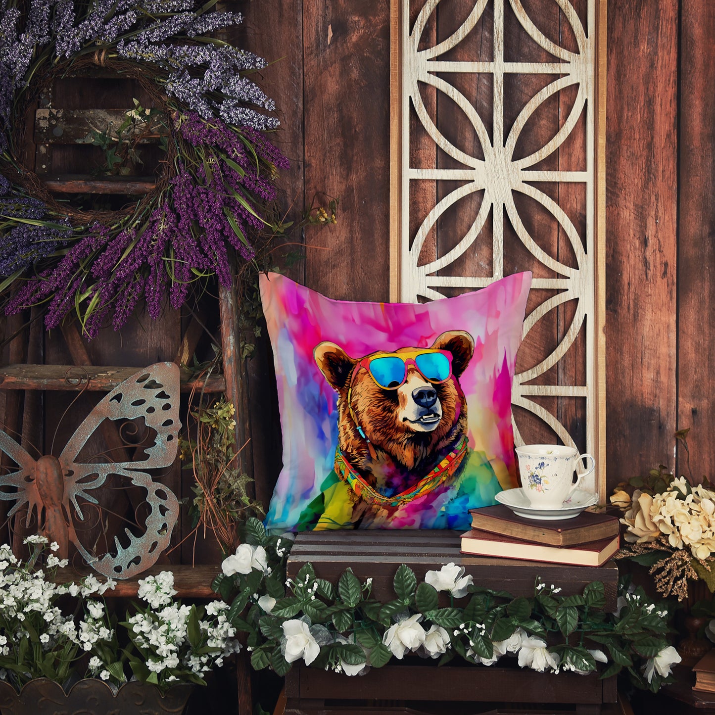 Hippie Animal Grizzly Bear Throw Pillow