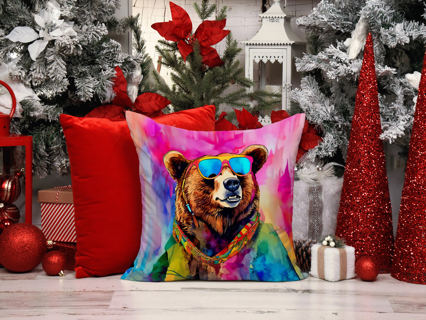 Hippie Animal Grizzly Bear Throw Pillow