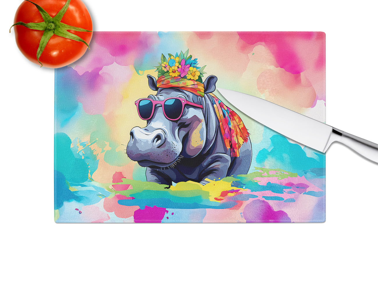 Hippie Animal Hippopotamus Glass Cutting Board