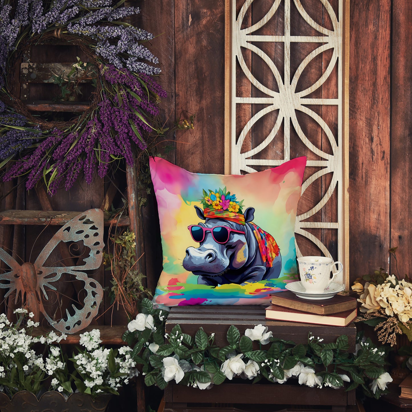 Hippie Animal Hippopotamus Throw Pillow