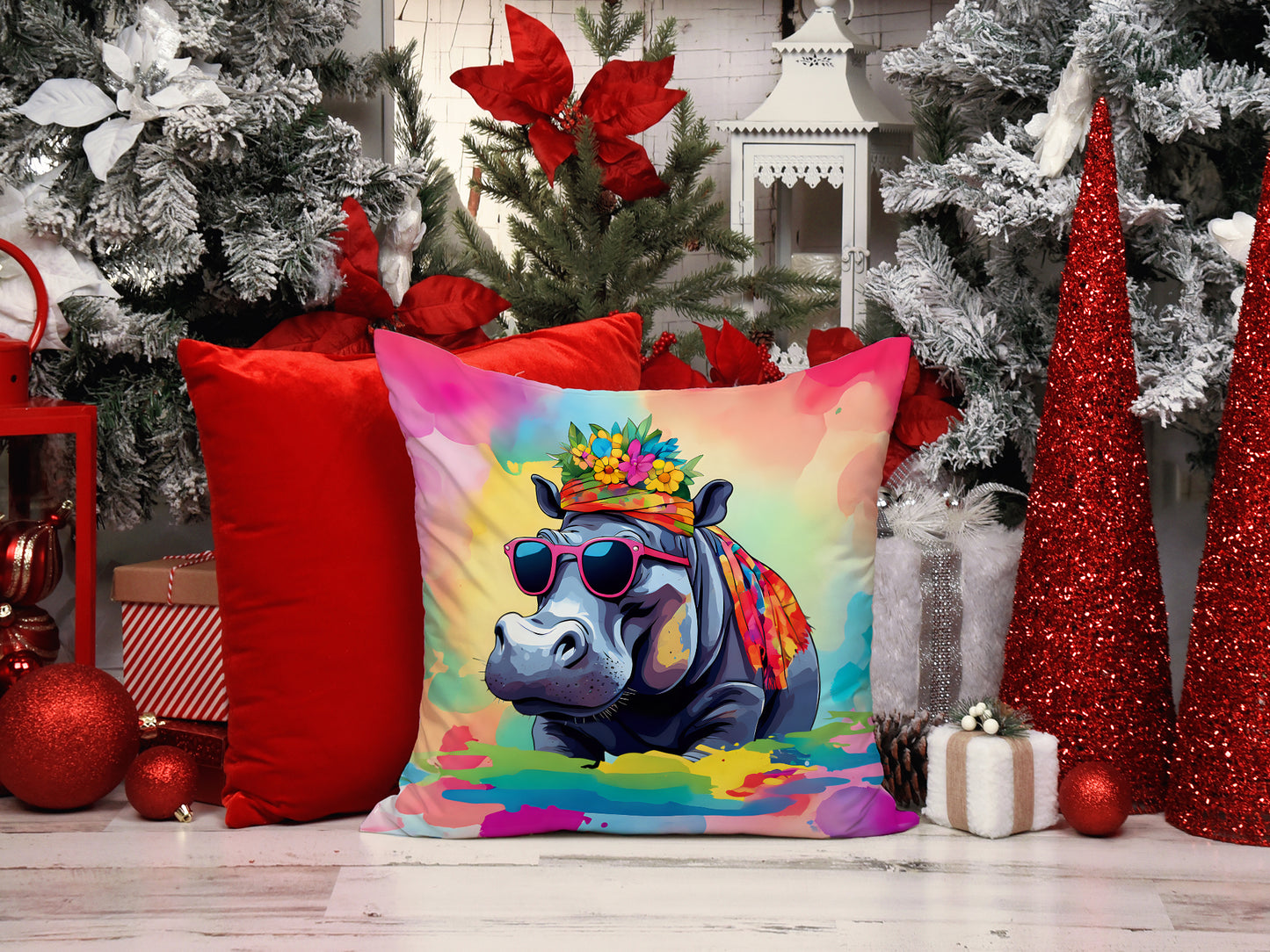 Hippie Animal Hippopotamus Throw Pillow