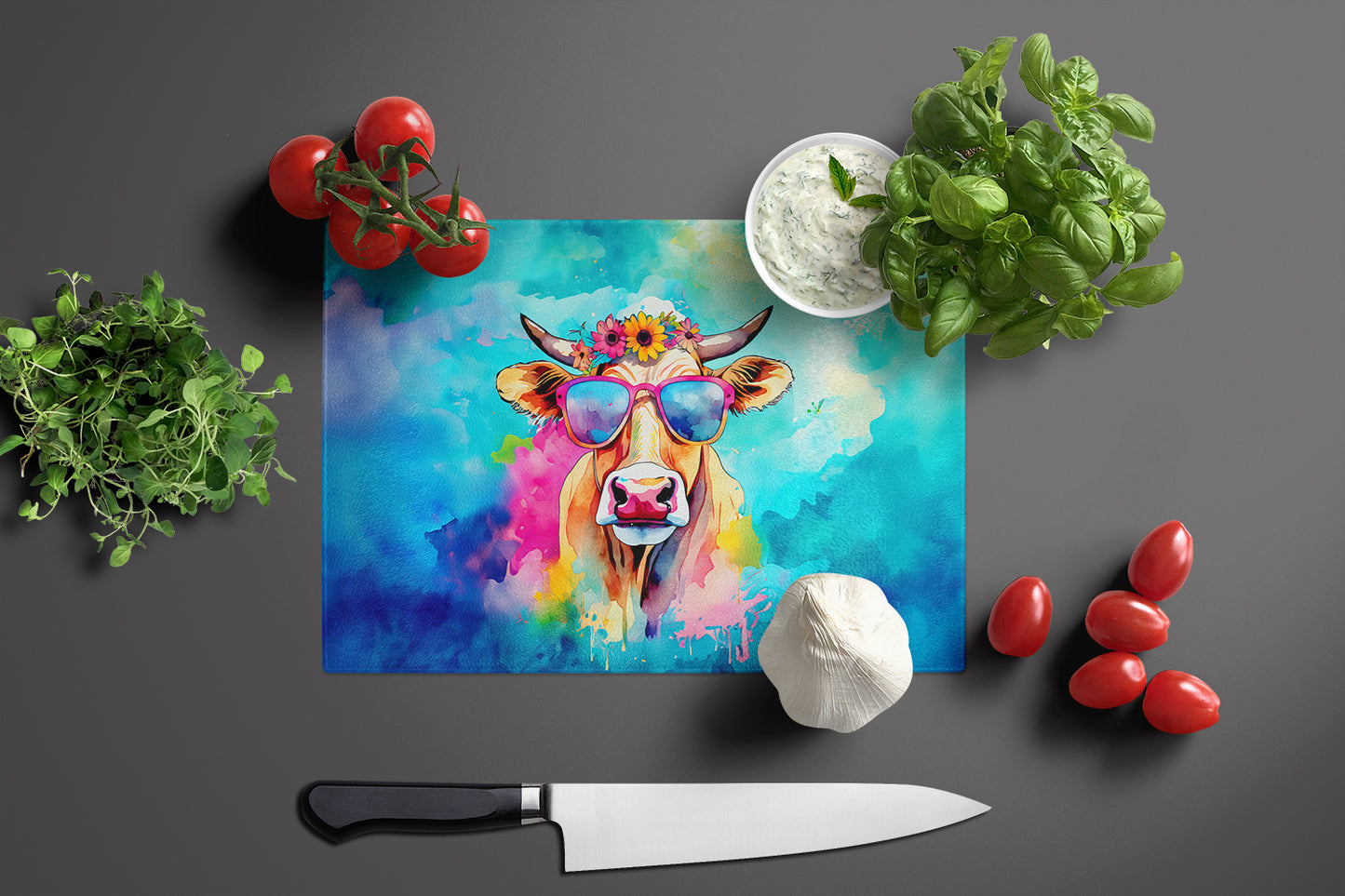 Hippie Animal Malvi Cow Glass Cutting Board