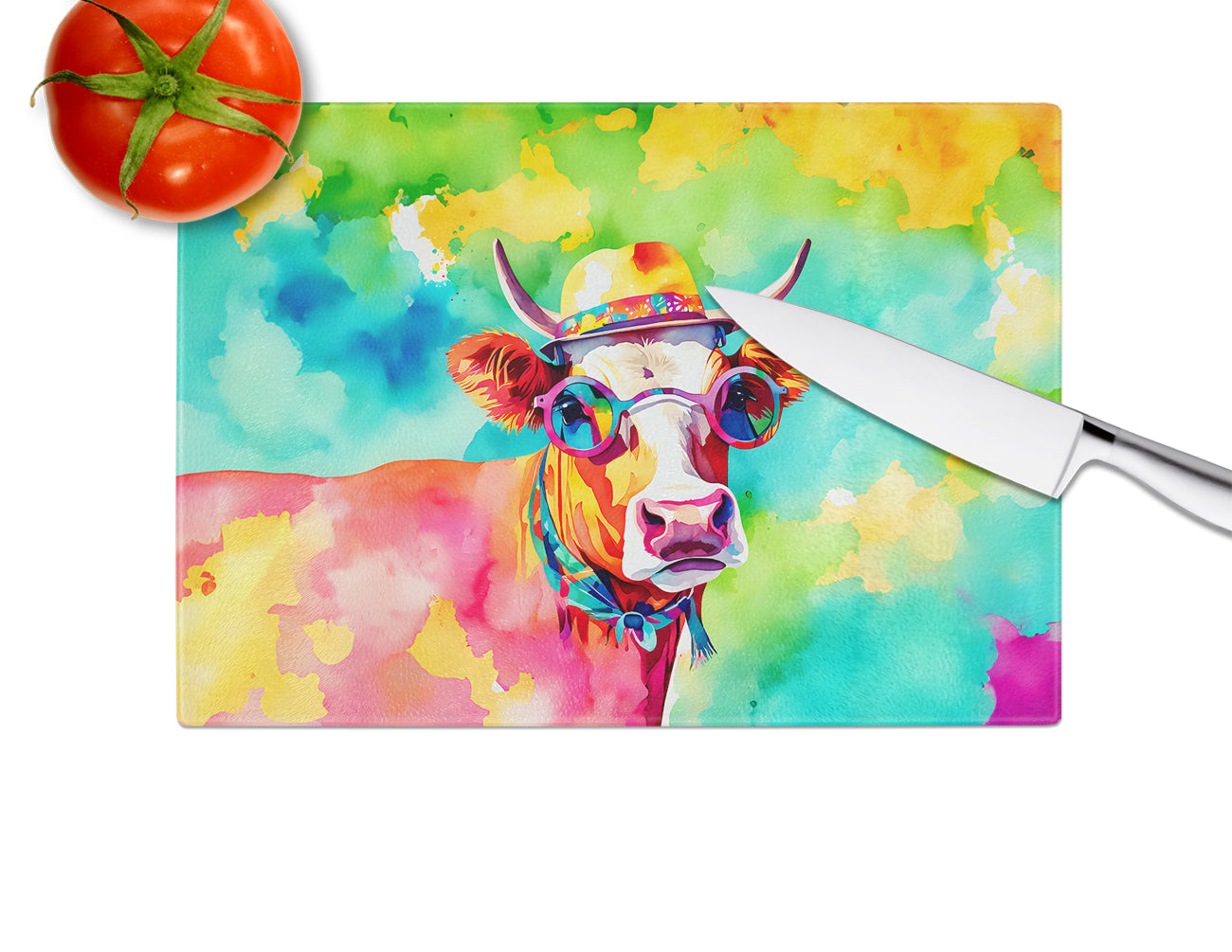 Hippie Animal Malvi Cow Glass Cutting Board