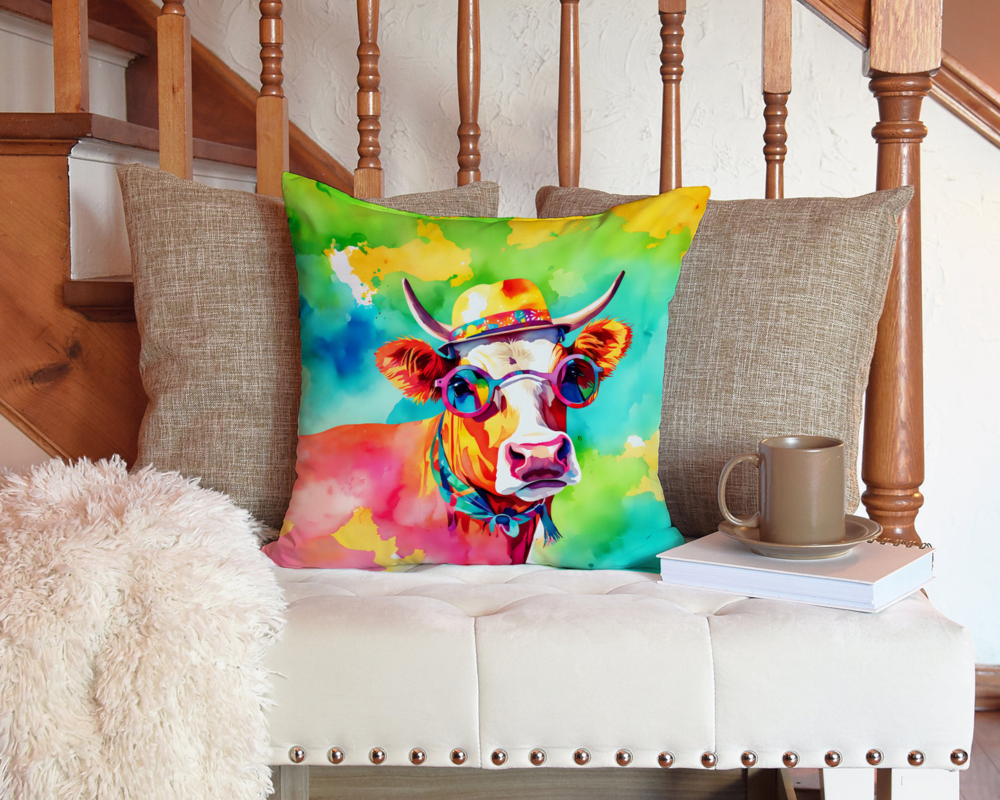 Hippie Animal Malvi Cow Throw Pillow