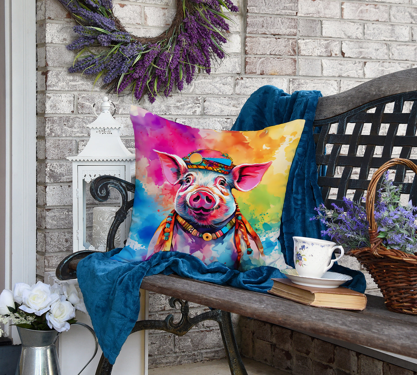 Hippie Animal Pig Throw Pillow