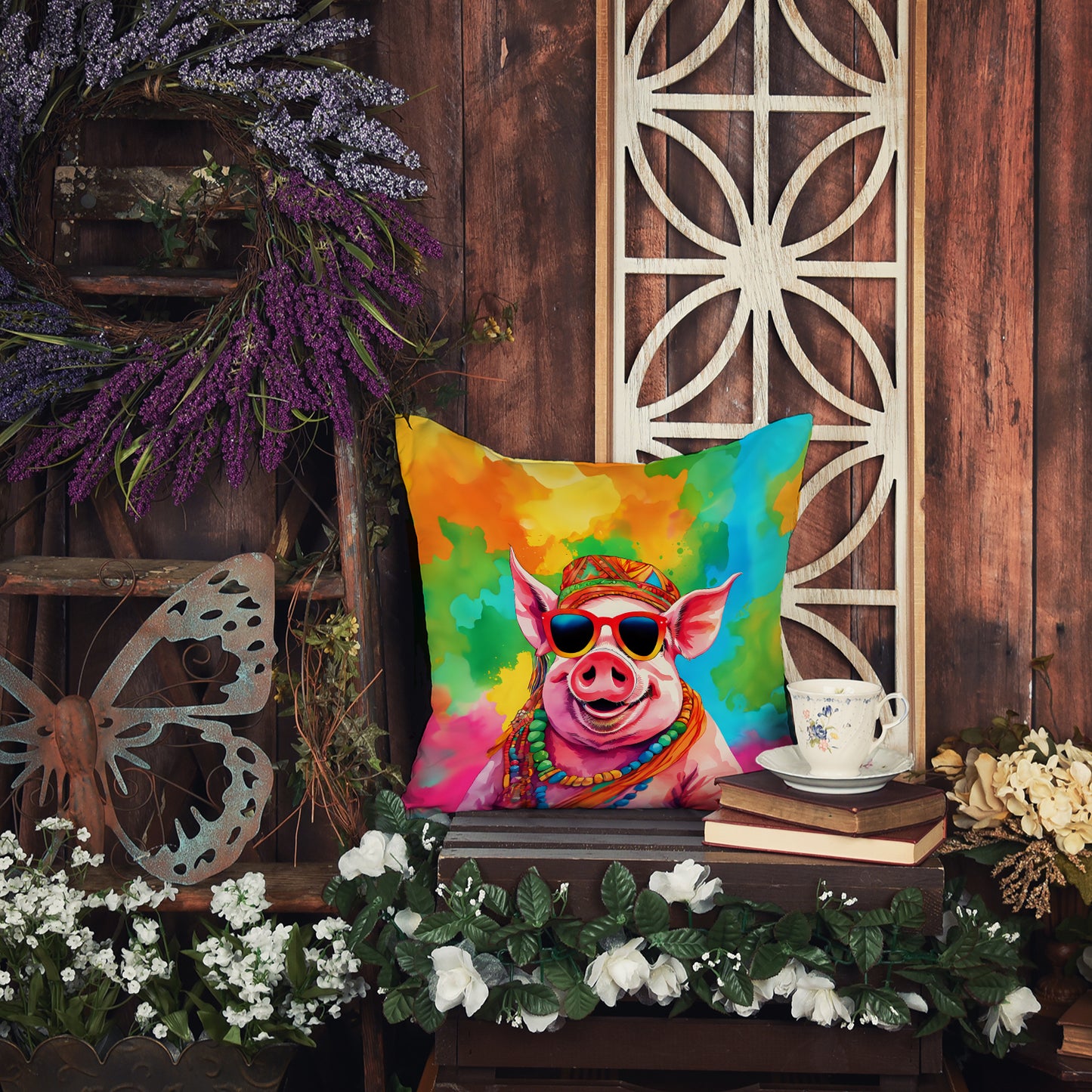 Hippie Animal Pig Throw Pillow