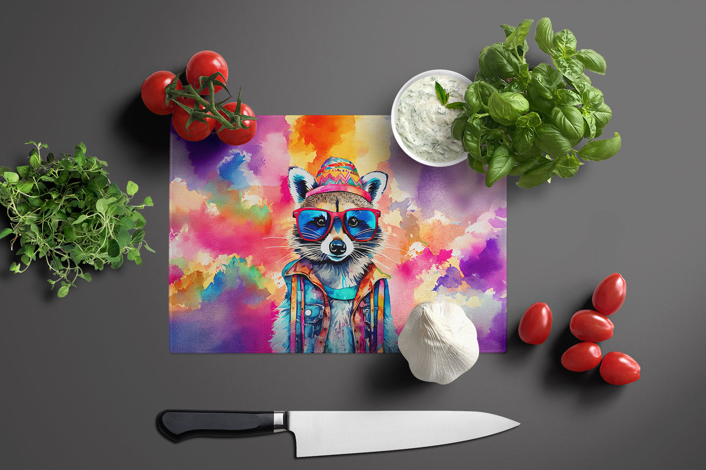 Hippie Animal Raccoon Glass Cutting Board