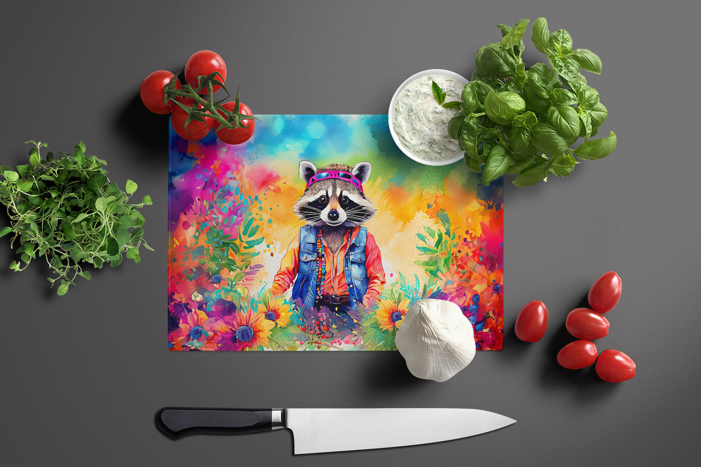 Hippie Animal Raccoon Glass Cutting Board