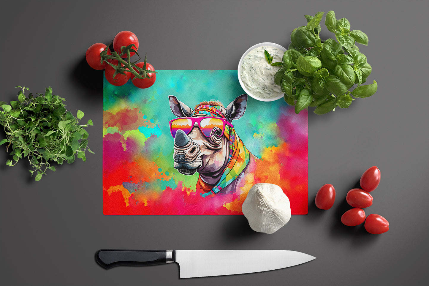 Hippie Animal Rhinoceros Glass Cutting Board