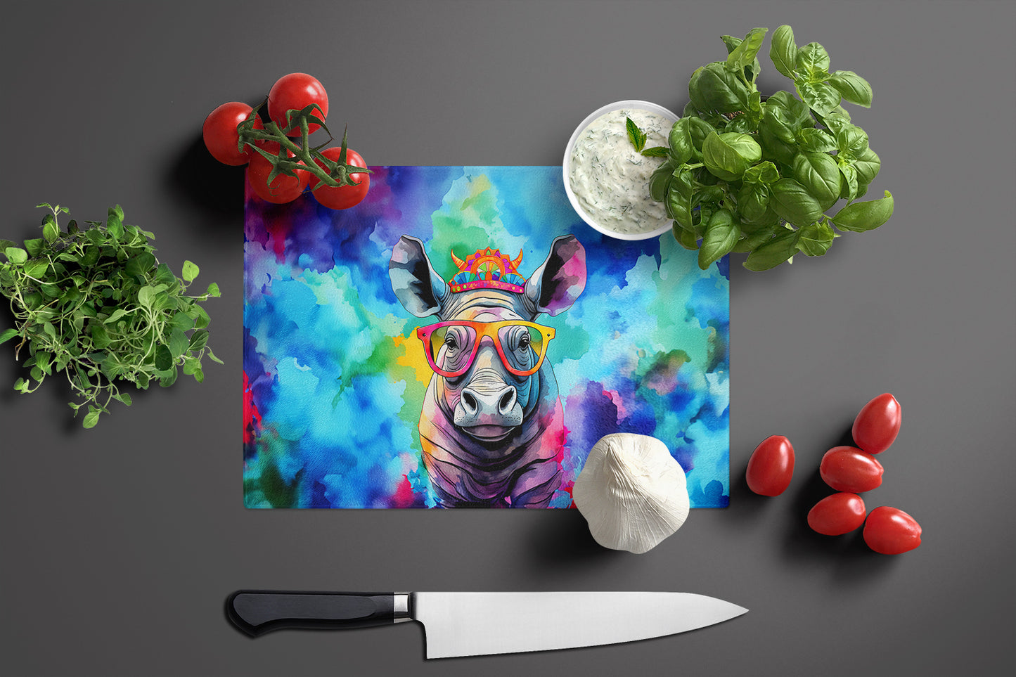 Hippie Animal Rhinoceros Glass Cutting Board