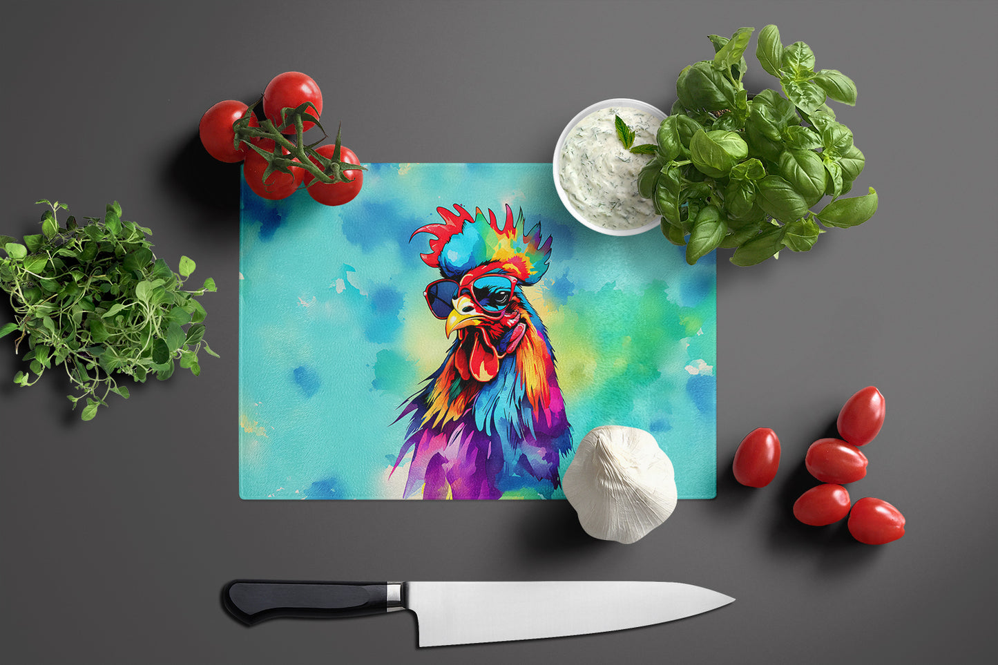 Hippie Animal Rooster Glass Cutting Board