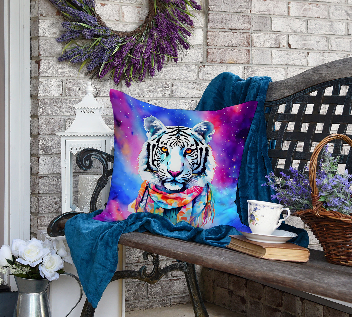 Hippie Animal White Tiger Throw Pillow