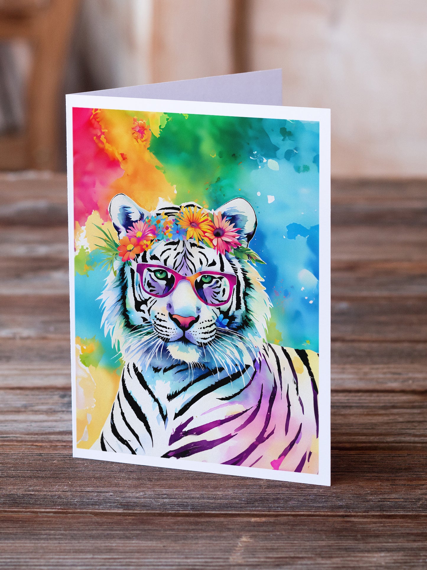 Hippie Animal White Tiger Greeting Cards Pack of 8