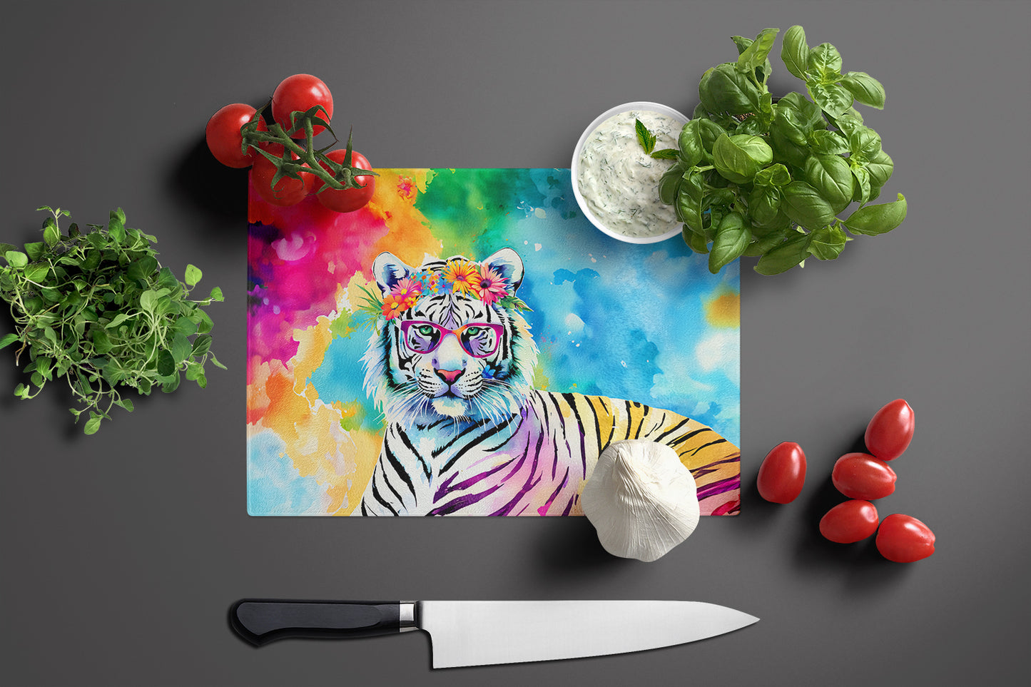 Hippie Animal White Tiger Glass Cutting Board