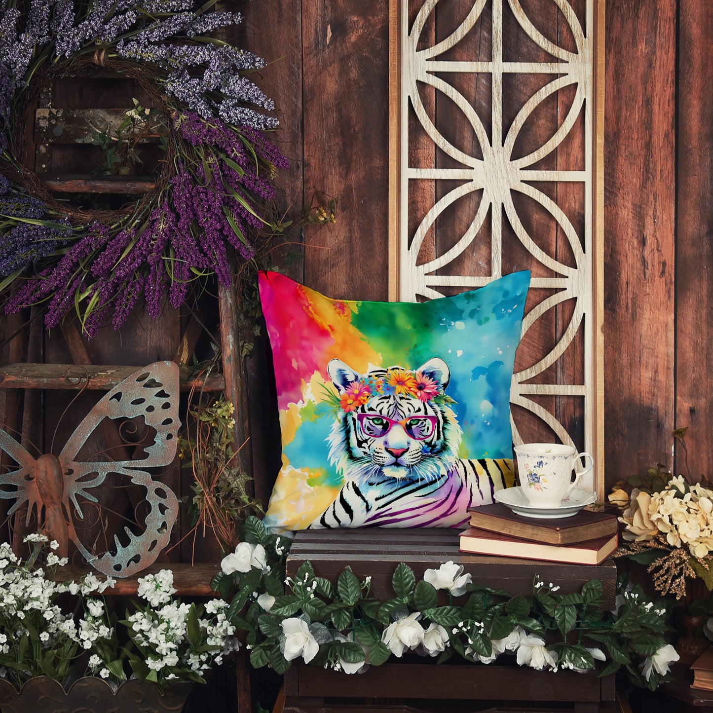 Hippie Animal White Tiger Throw Pillow