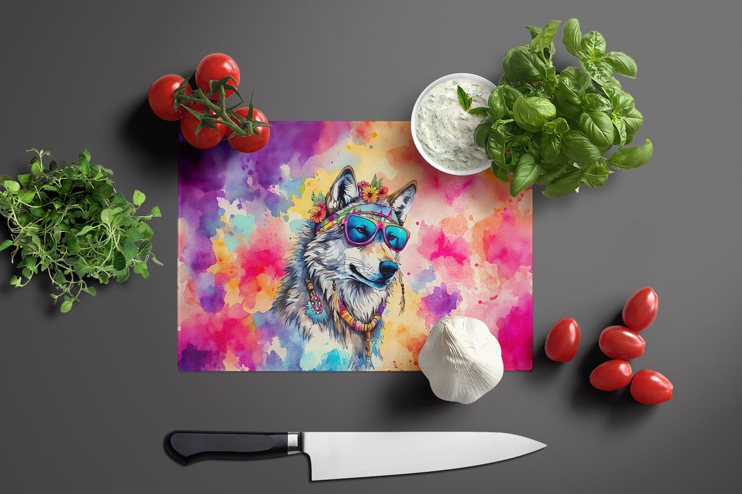 Hippie Animal Wolf Glass Cutting Board