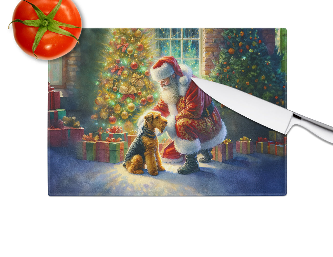 Airedale Terrier and Santa Claus Glass Cutting Board