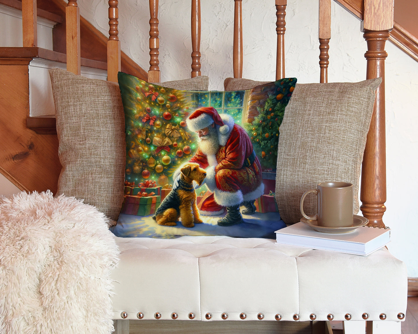 Airedale Terrier and Santa Claus Throw Pillow