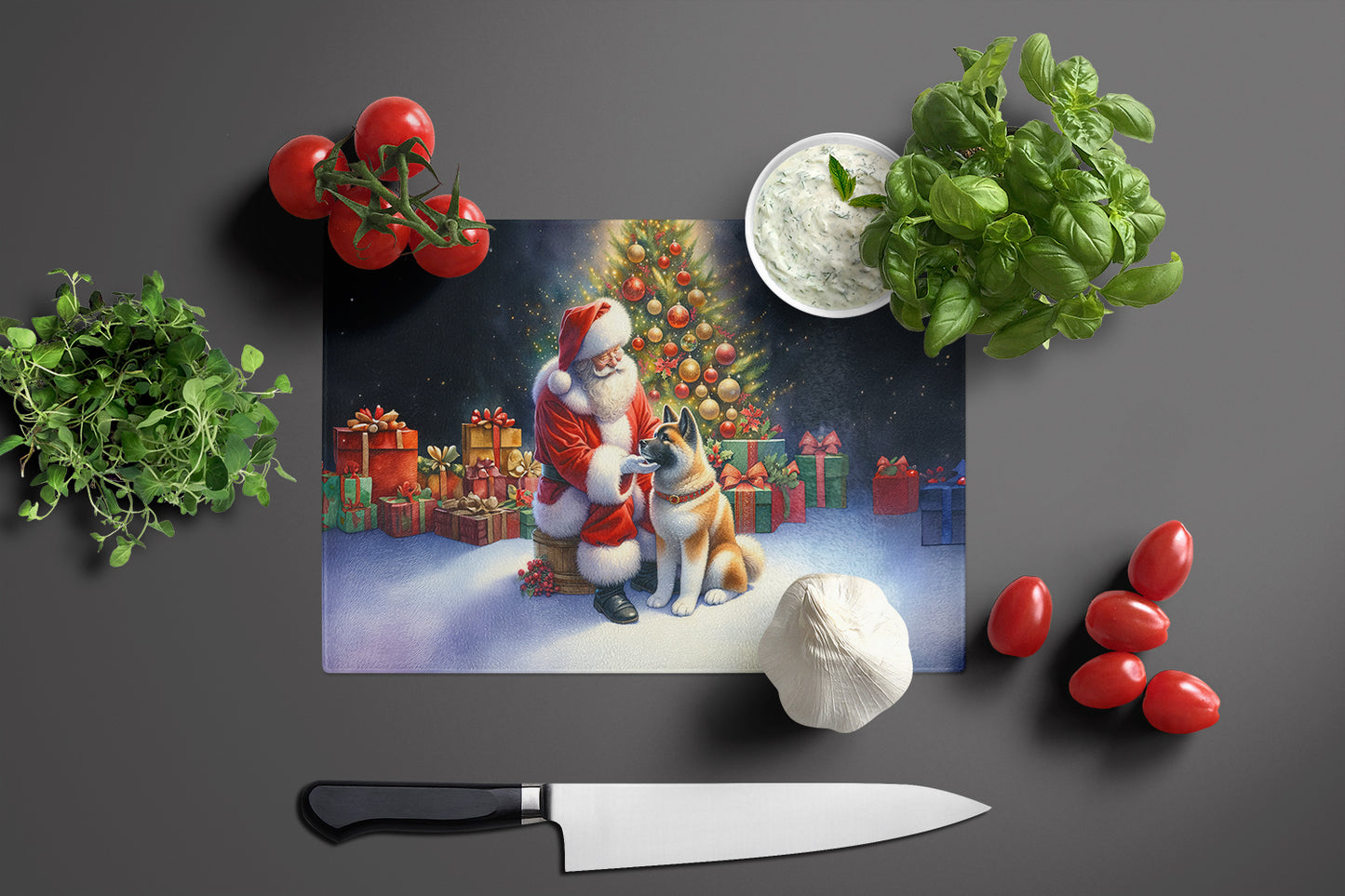 Akita and Santa Claus Glass Cutting Board