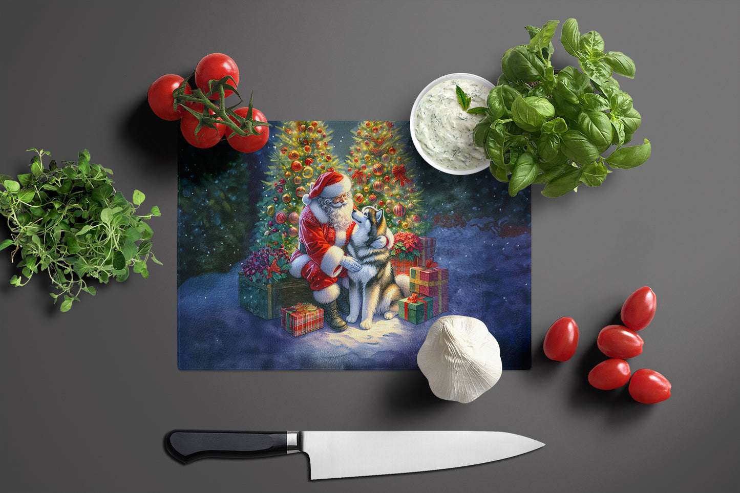 Alaskan Malamute and Santa Claus Glass Cutting Board