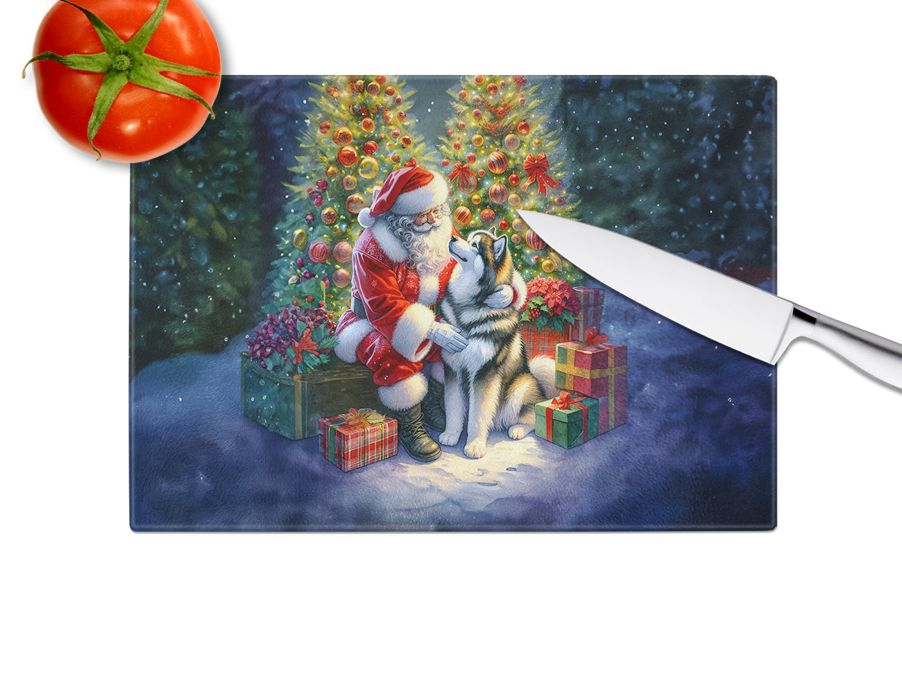 Alaskan Malamute and Santa Claus Glass Cutting Board