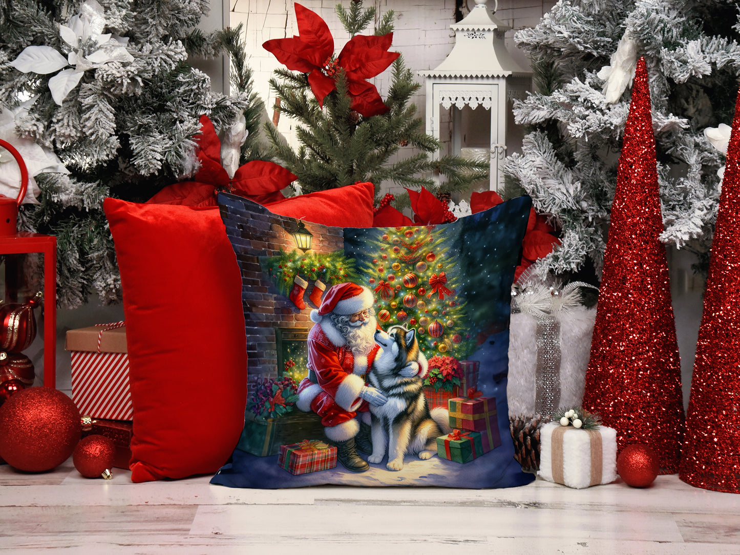 Alaskan Malamute and Santa Claus Throw Pillow